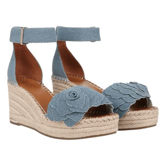 Franco Sarto Clemens Espadrille Sandal Denim Flower Ankle Strap Platform Wedge 7 - Picture 1 of 11